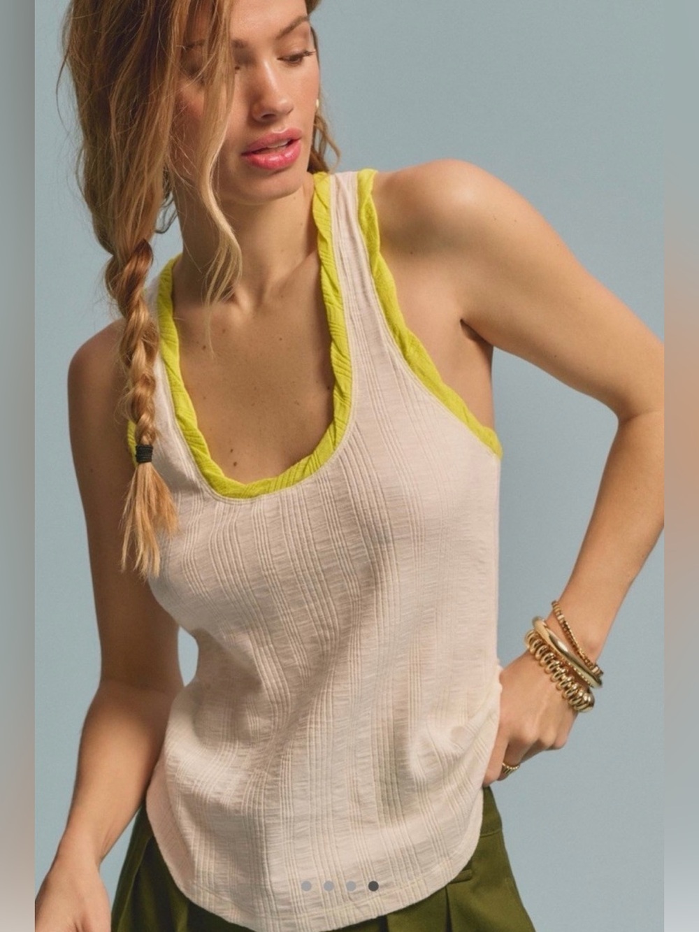Pilcro Anthropologie Contrast Trim Racerback Tank Top Ivory Lime XL